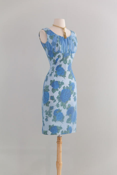 Iconic 1950's Misty Blue Rose Print Wiggle Dress / XS