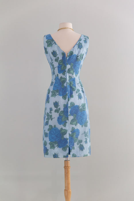 Iconic 1950's Misty Blue Rose Print Wiggle Dress / XS