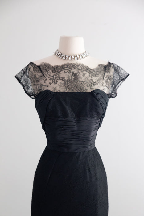 Exquisite 1950's Black Imported Lace Demi Couture Cocktail Dress / SM