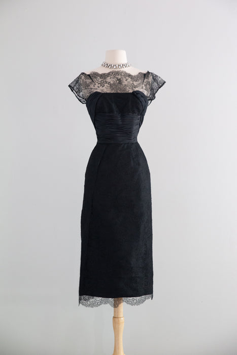 Exquisite 1950's Black Imported Lace Demi Couture Cocktail Dress / SM