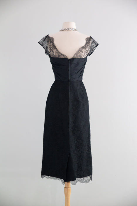 Exquisite 1950's Black Imported Lace Demi Couture Cocktail Dress / SM