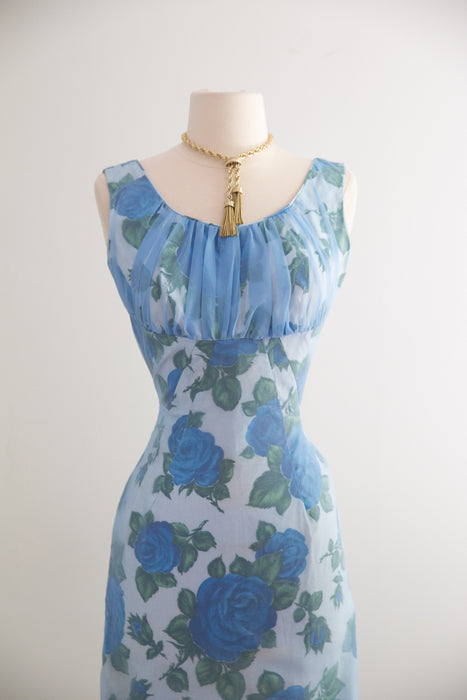 Iconic 1950's Misty Blue Rose Print Wiggle Dress / XS
