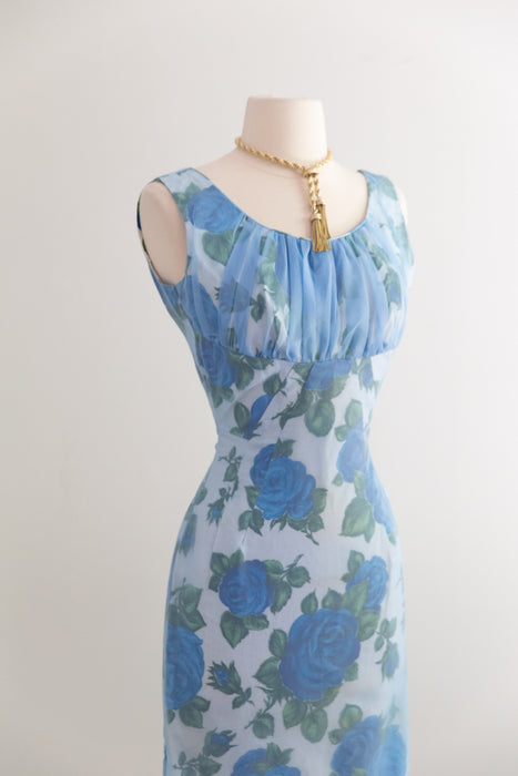 Iconic 1950's Misty Blue Rose Print Wiggle Dress / XS