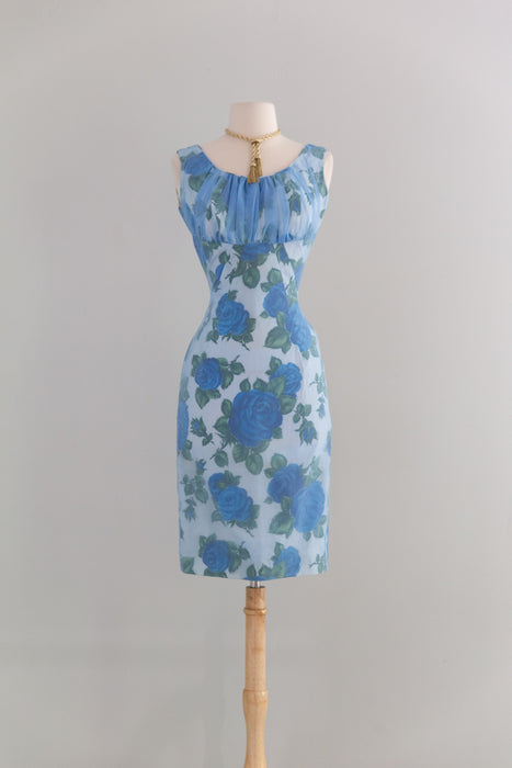 Iconic 1950's Misty Blue Rose Print Wiggle Dress / XS