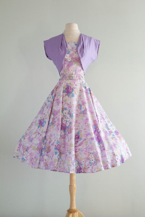 Dreamy 1950's Lavender Haze Cotton Floral Print Dress With Matching Jacket / SM