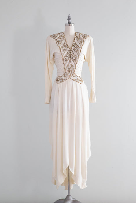 Stunning 1940's Ivory Moss Crepe Beaded Hollywood Glamour Evening Gown / Small