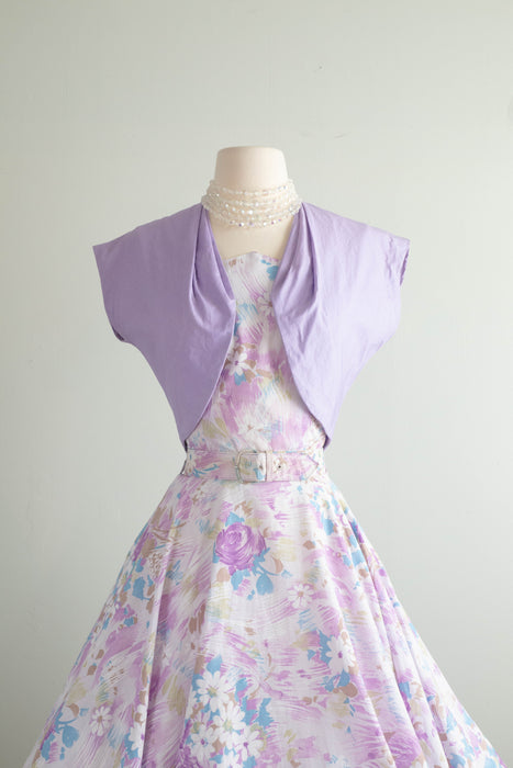 Dreamy 1950's Lavender Haze Cotton Floral Print Dress With Matching Jacket / SM