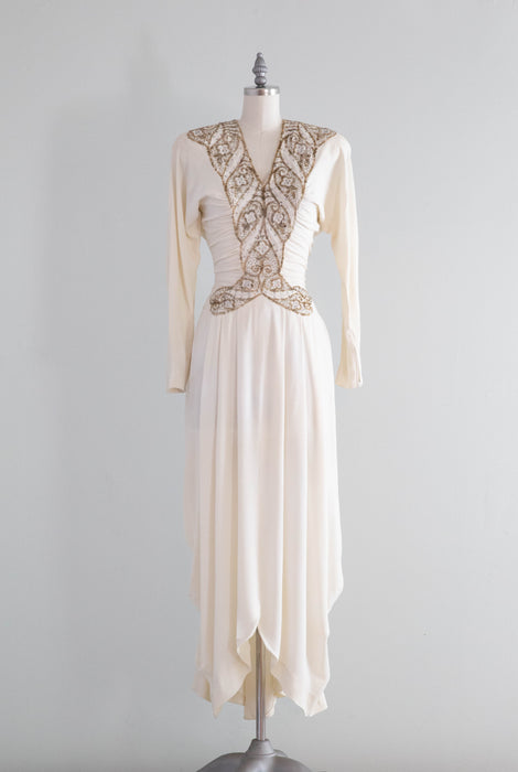 Stunning 1940's Ivory Moss Crepe Beaded Hollywood Glamour Evening Gown / Small