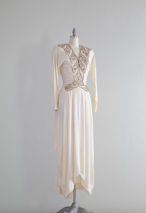 Stunning 1940's Ivory Moss Crepe Beaded Hollywood Glamour Evening Gown / Small