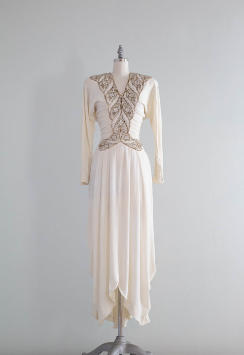 Stunning 1940's Ivory Moss Crepe Beaded Hollywood Glamour Evening Gown / Small