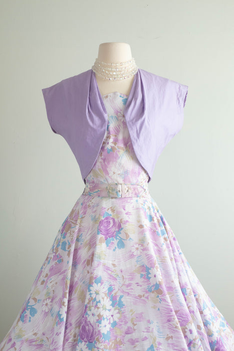 Dreamy 1950's Lavender Haze Cotton Floral Print Dress With Matching Jacket / SM