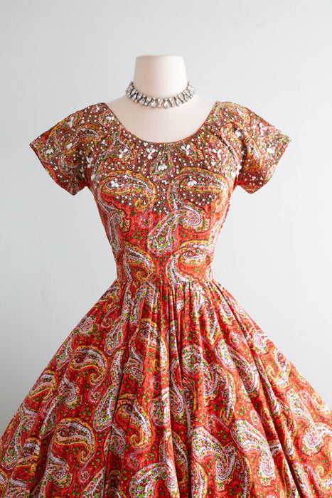 Fabulous 1950's Ben Reig Beaded Paisley Print Cotton Party Dress / Small