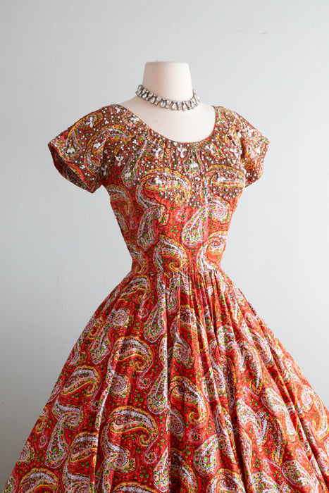 Fabulous 1950's Ben Reig Beaded Paisley Print Cotton Party Dress / Small