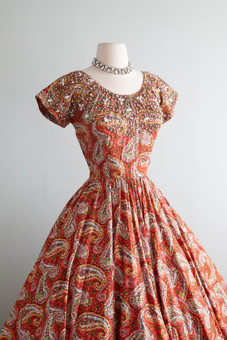 Fabulous 1950's Ben Reig Beaded Paisley Print Cotton Party Dress / Small