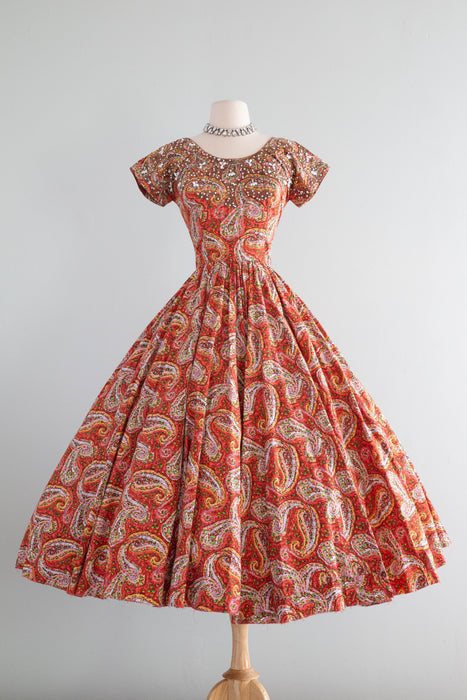 Fabulous 1950's Ben Reig Beaded Paisley Print Cotton Party Dress / Small