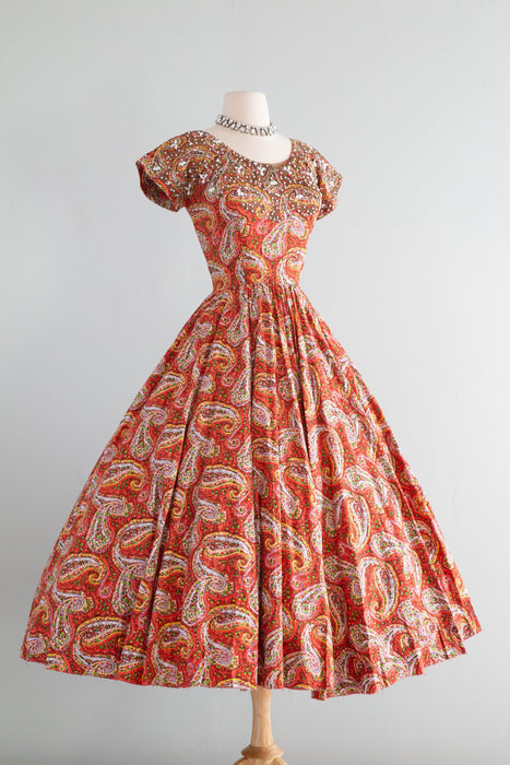 Fabulous 1950's Ben Reig Beaded Paisley Print Cotton Party Dress / Small