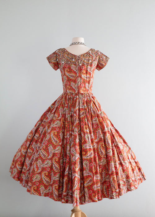 Fabulous 1950's Ben Reig Beaded Paisley Print Cotton Party Dress / Small