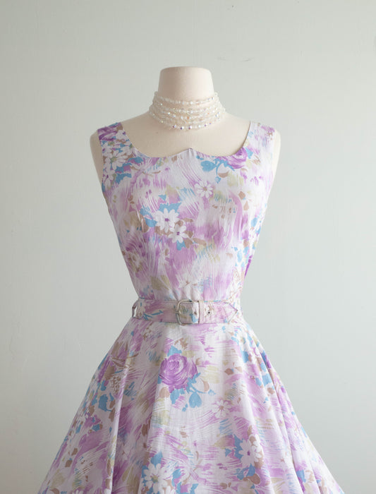 Dreamy 1950's Lavender Haze Cotton Floral Print Dress With Matching Jacket / SM