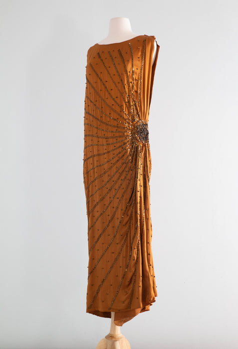 Sublime 1920's Autumnal Silk Beaded Flapper Dress / SM