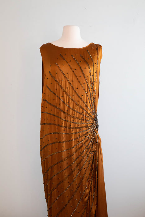 Sublime 1920's Autumnal Silk Beaded Flapper Dress / SM