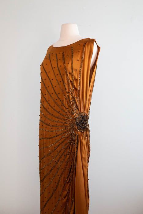 Sublime 1920's Autumnal Silk Beaded Flapper Dress / SM