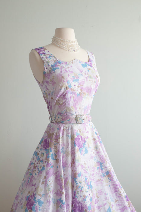 Dreamy 1950's Lavender Haze Cotton Floral Print Dress With Matching Jacket / SM