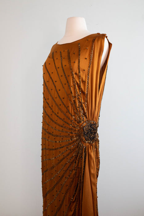 Sublime 1920's Autumnal Silk Beaded Flapper Dress / SM