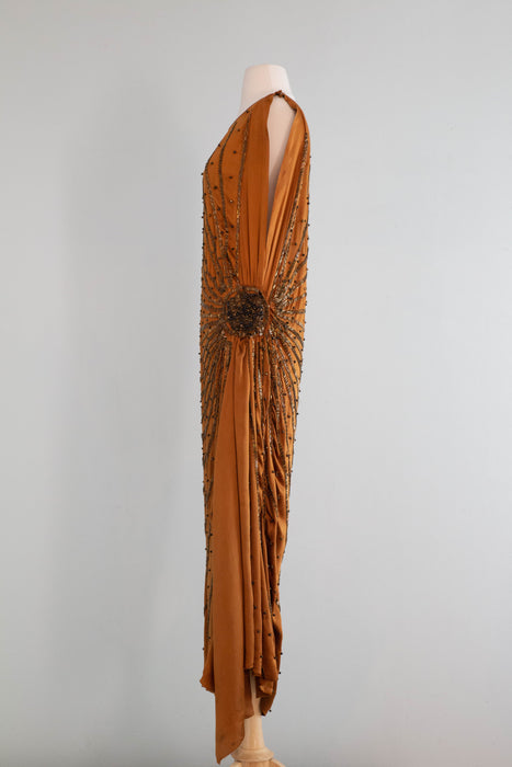 Sublime 1920's Autumnal Silk Beaded Flapper Dress / SM