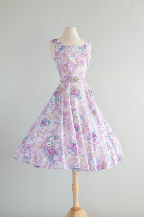 Dreamy 1950's Lavender Haze Cotton Floral Print Dress With Matching Jacket / SM