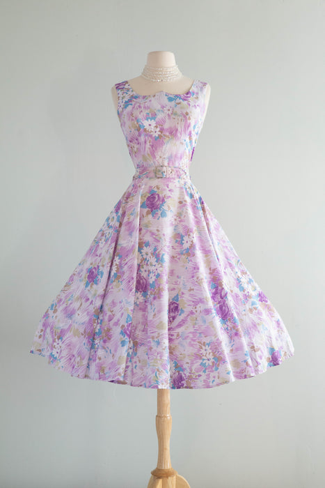 Dreamy 1950's Lavender Haze Cotton Floral Print Dress With Matching Jacket / SM