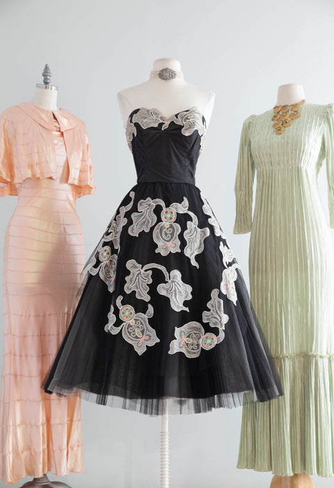 Exquisite 1950's Black Strapless Party Dress With Lace Appliqué & Embroidery By Alfandri / Small