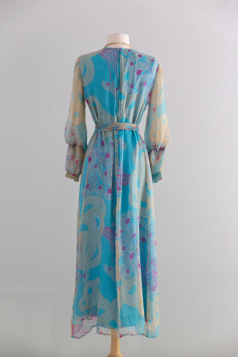 Dreamy 1970's Silk Chiffon Abstract Print Midi Dress With Bishop Sleeves / SM