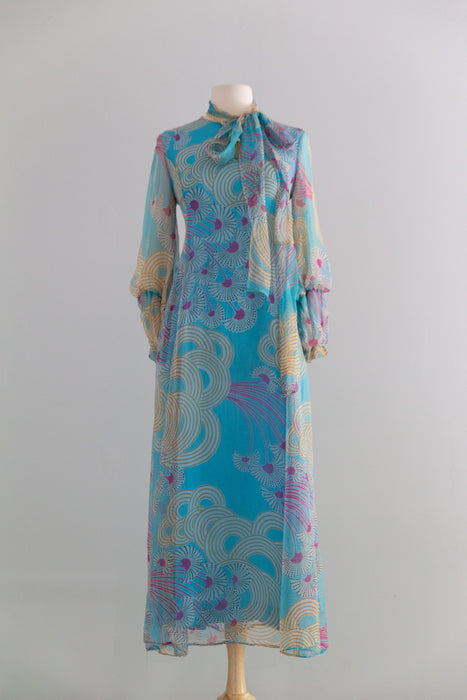 Dreamy 1970's Silk Chiffon Abstract Print Midi Dress With Bishop Sleeves / SM