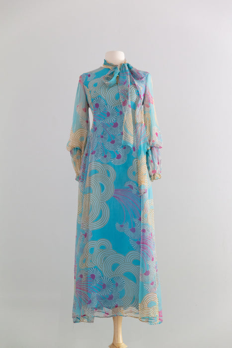 Dreamy 1970's Silk Chiffon Abstract Print Midi Dress With Bishop Sleeves / SM