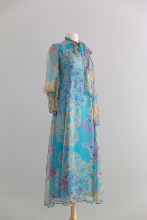 Dreamy 1970's Silk Chiffon Abstract Print Midi Dress With Bishop Sleeves / SM
