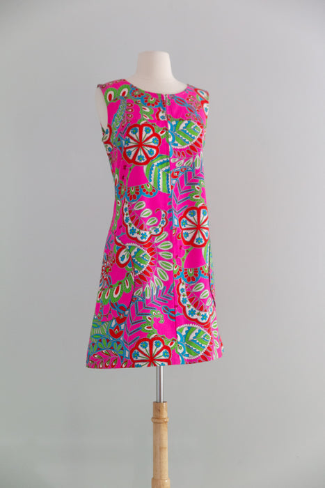 Iconic 1960's Bold Hot Pink Psychedelic Kaleidoscope Shift With Pockets / ML