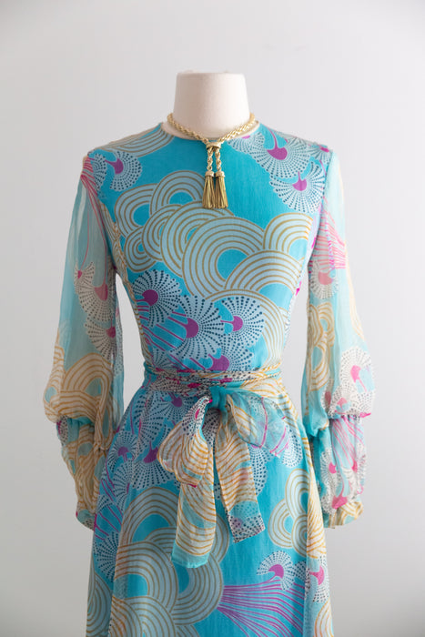 Dreamy 1970's Silk Chiffon Abstract Print Midi Dress With Bishop Sleeves / SM