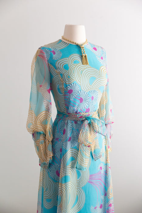 Dreamy 1970's Silk Chiffon Abstract Print Midi Dress With Bishop Sleeves / SM