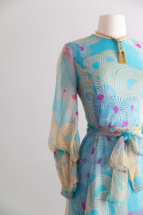 Dreamy 1970's Silk Chiffon Abstract Print Midi Dress With Bishop Sleeves / SM