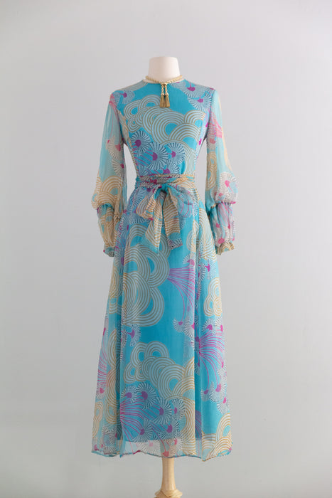 Dreamy 1970's Silk Chiffon Abstract Print Midi Dress With Bishop Sleeves / SM