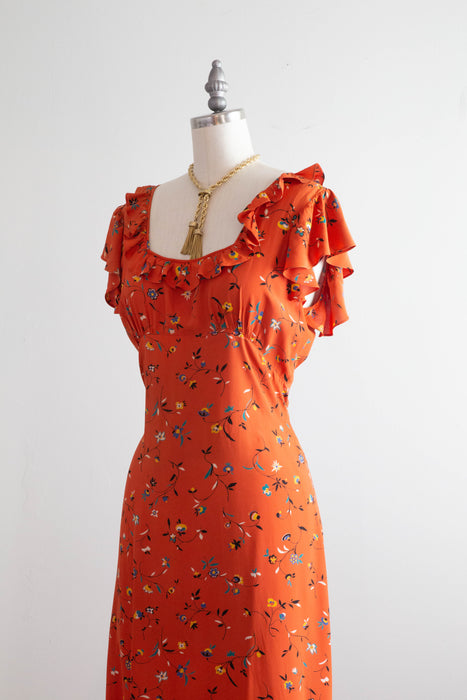 Stunning Late 1930's Silky Rayon Floral Hawaiian Style Gown With Train / SM