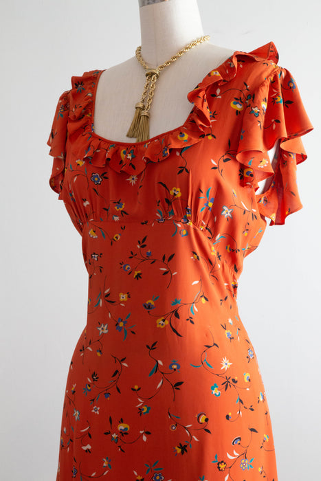 Stunning Late 1930's Silky Rayon Floral Hawaiian Style Gown With Train / SM