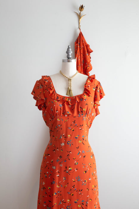 Stunning Late 1930's Silky Rayon Floral Hawaiian Style Gown With Train / SM