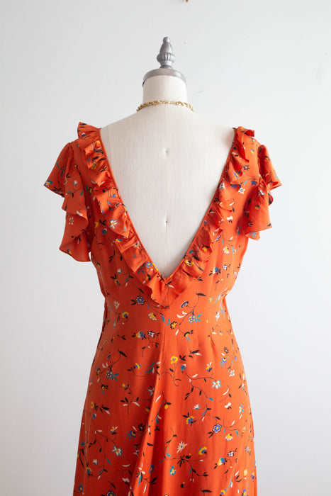 Stunning Late 1930's Silky Rayon Floral Hawaiian Style Gown With Train / SM