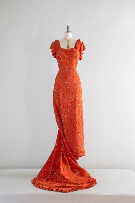 Stunning Late 1930's Silky Rayon Floral Hawaiian Style Gown With Train / SM