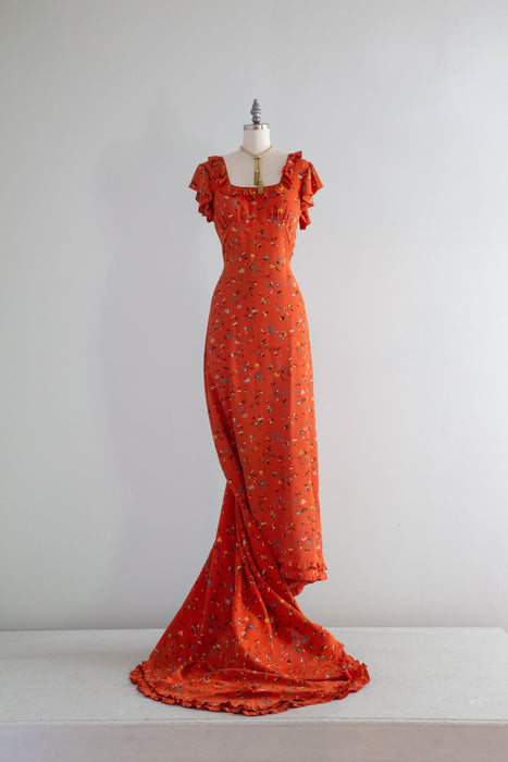 Stunning Late 1930's Silky Rayon Floral Hawaiian Style Gown With Train / SM