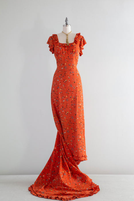 Stunning Late 1930's Silky Rayon Floral Hawaiian Style Gown With Train / SM