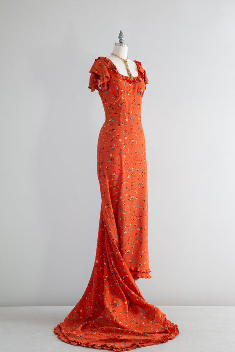 Stunning Late 1930's Silky Rayon Floral Hawaiian Style Gown With Train / SM