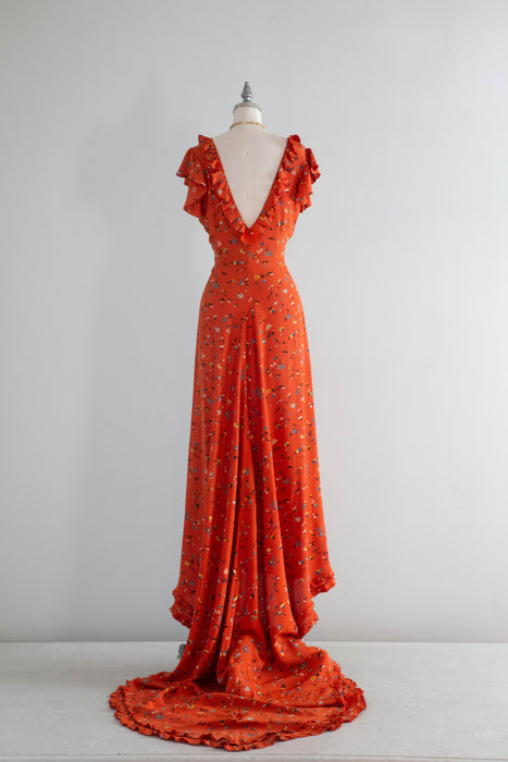 Stunning Late 1930's Silky Rayon Floral Hawaiian Style Gown With Train / SM