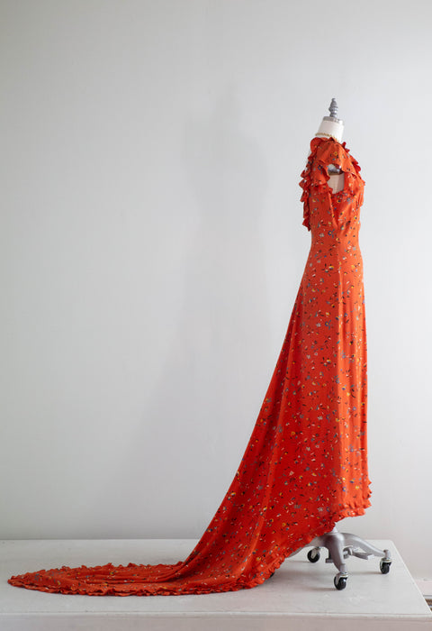 Stunning Late 1930's Silky Rayon Floral Hawaiian Style Gown With Train / SM